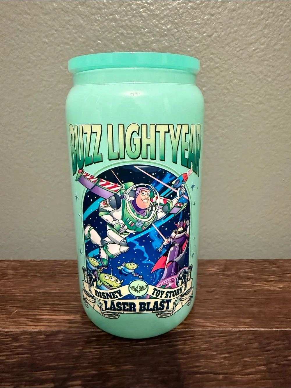 Disney Buzz Lightyear Mint Green GLASS can tumbler w/straw